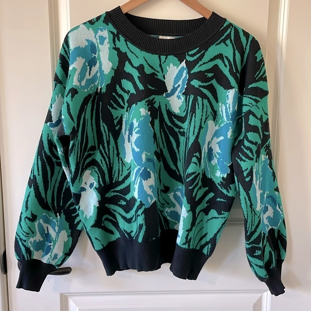 Dee Elly Crew Neck Drop Shoulder Balloon Sleeve Sweater Black Green Blue Size M